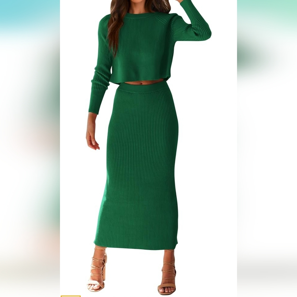 2 Piece Green sweater rib knit bodycon matching set